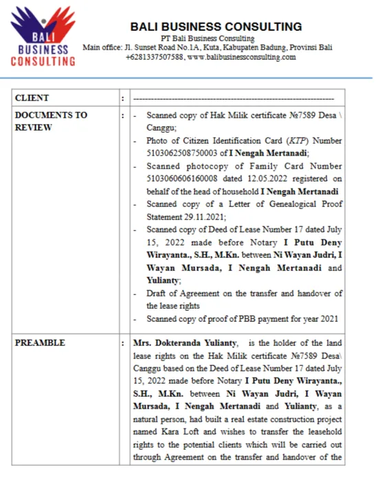 Due Diligence from Bali Business Consulting