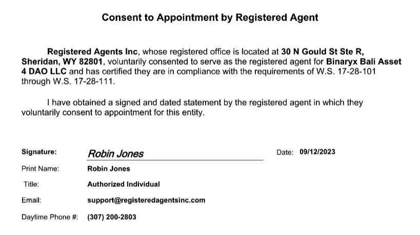 Consent to Appointment by Registered Agent