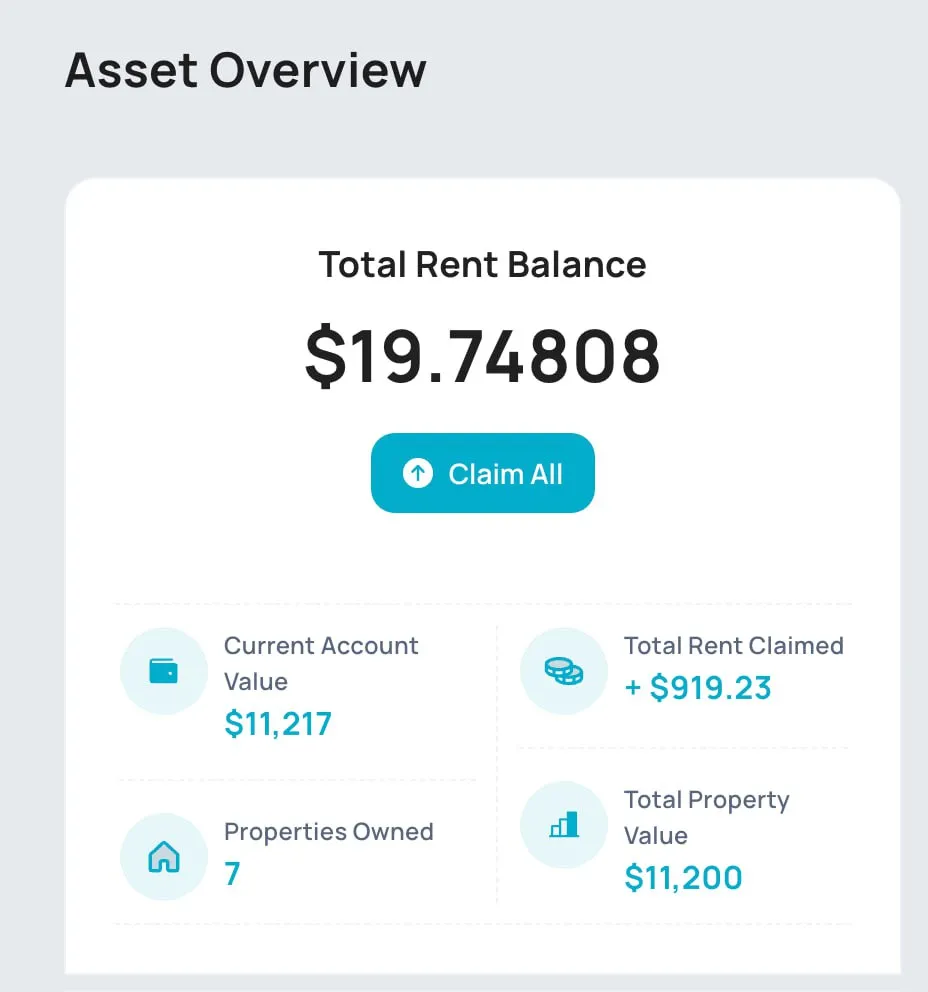 Binaryx Asset Overview dashboard showing Total Rent Balance and properties owned